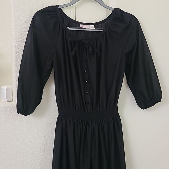 Vintage Cottagecore prairiecore Black chemise puff ballon sleeve sheer dress y2k - Picture 2 of 8